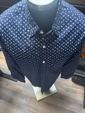Navy Button-Up Shirt with White Micro Print